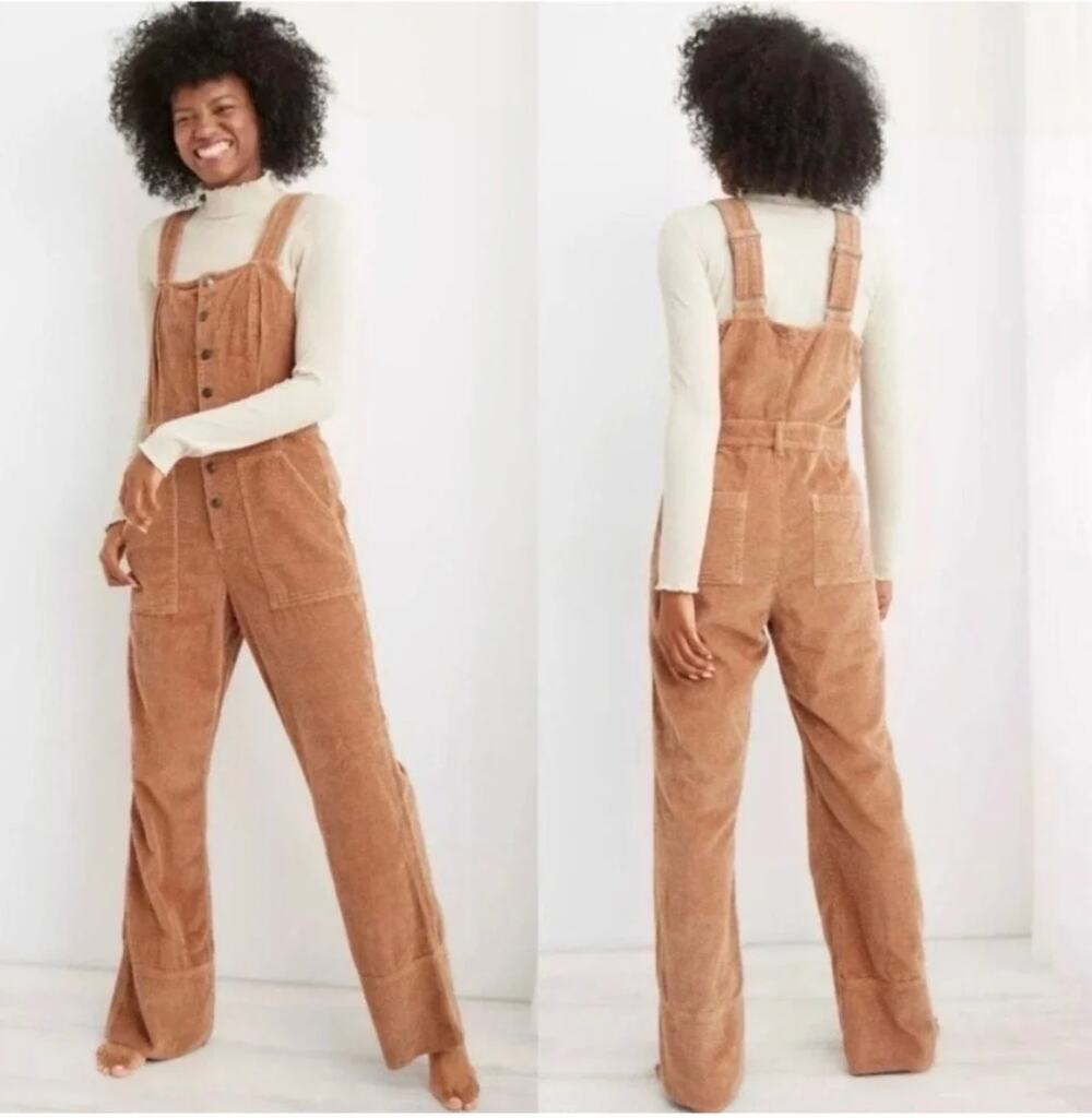 Aerie NWT Corduroy Kick Flare Jumpsuit Wide Leg Button-Up Cotton Boho Size Small